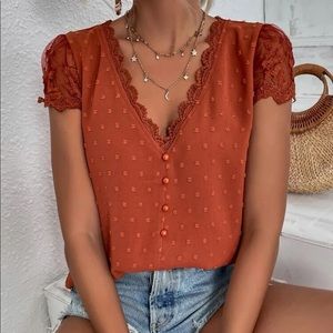 Boho rust orange Swiss dot button detail blouse